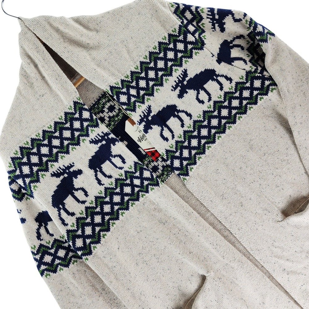 Hatley Heritage Cardigan Womens M Cream Fair Isle Moose Lodge 100% Cotton NEW